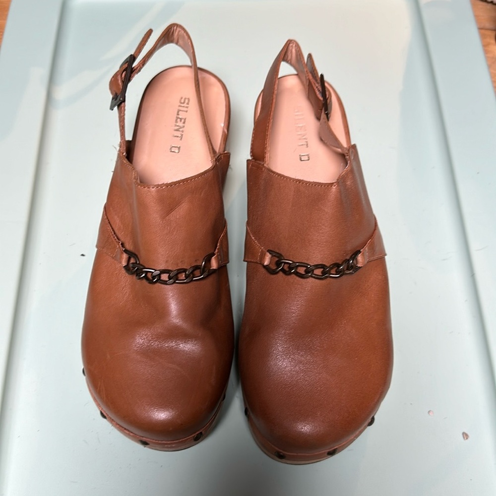 Silent D Anthropologie Tan Leather And Wood Clogs… - image 1